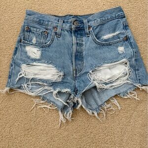 Levi's Blue Distressed Jean Shorts with Frayed Hem